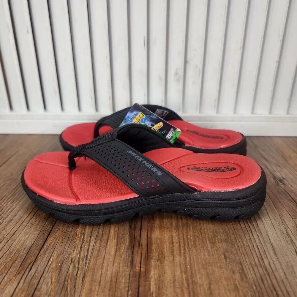 Skechers Supreme Pool Days 92224L Boys Size 11 Black Red Beach Flip Flop Sandals